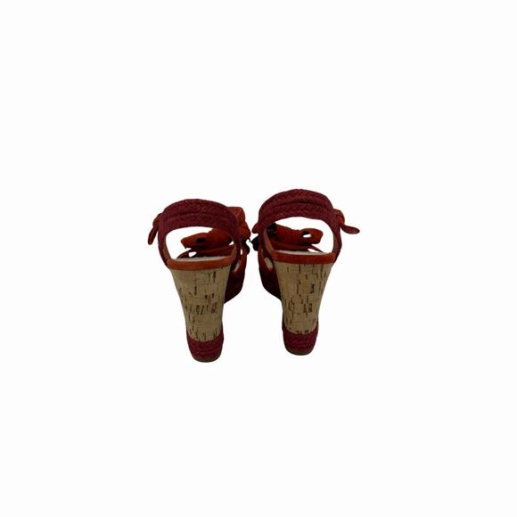 Prada Rust Suede Wedge Slingback Espadrille Sandals Bow Logo Accent Size 37.5 - Picture 4 of 5